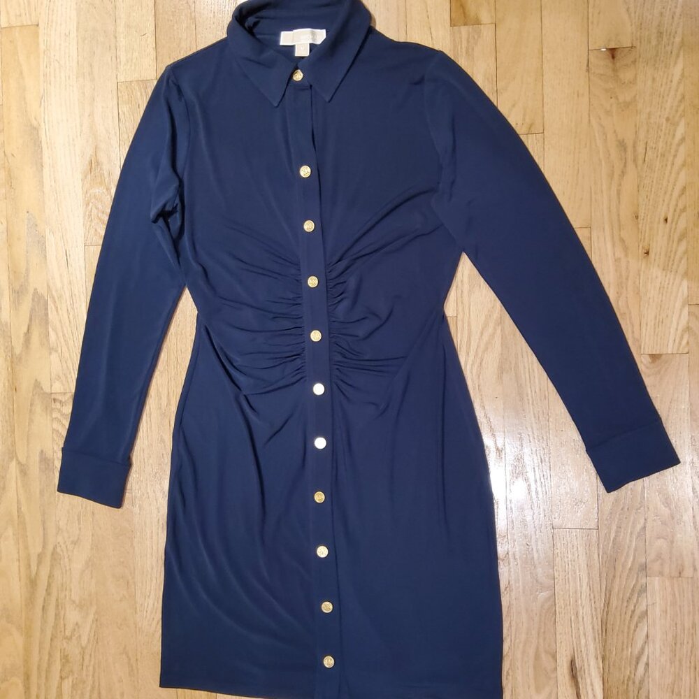 NWOT Michael Michael Kors Ruched Long Sleeve Navy Blue Shirt dress Size M